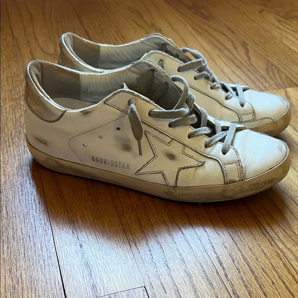 Golden Goose White Leather Superstar Sneakers Grey & Silver Size 6.5, 37